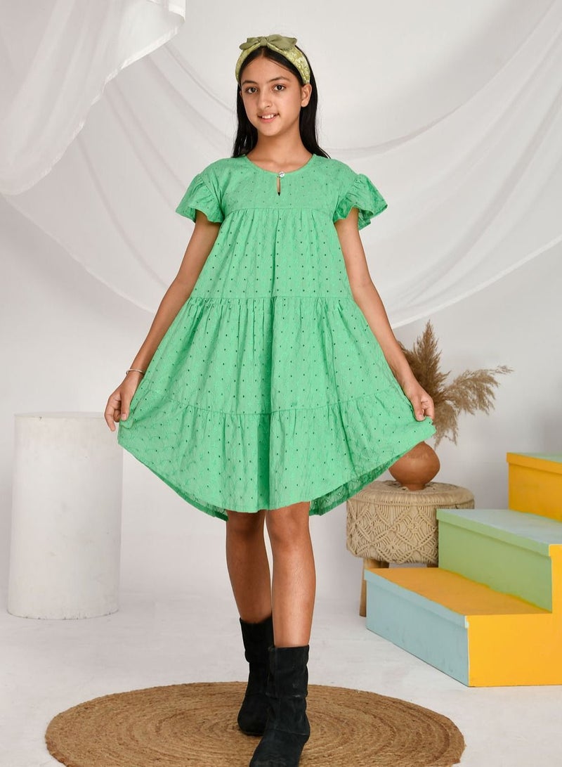 Schiffli  cotton oilve green frilled  knee length dress for girls