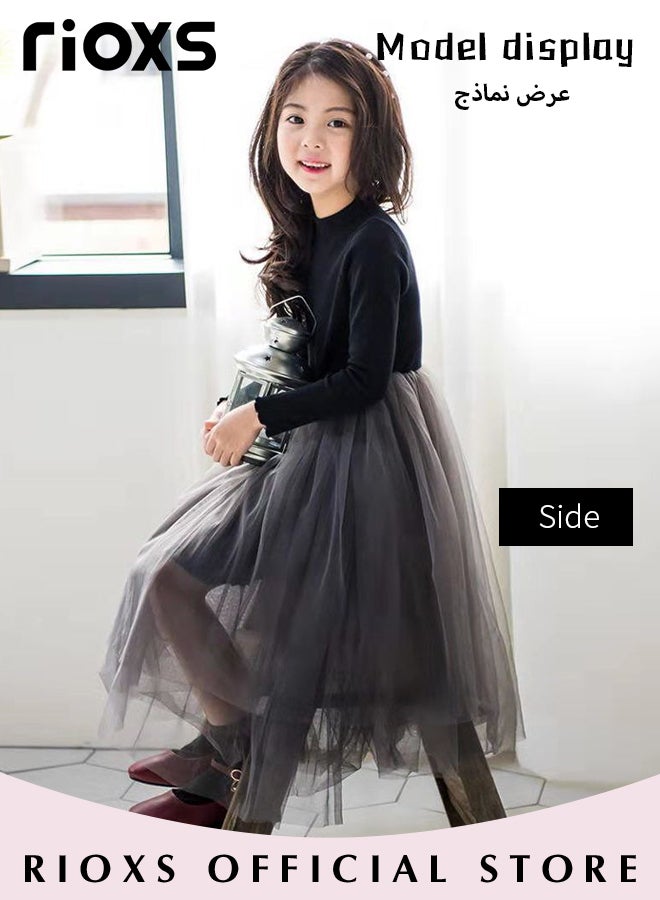 Girls A-line Tutu Dress, Round Neck Long Sleeve Slim Dress, Elegant Princess Dress with Mesh Hem, Perfect for Both Daily Wear and Party Events