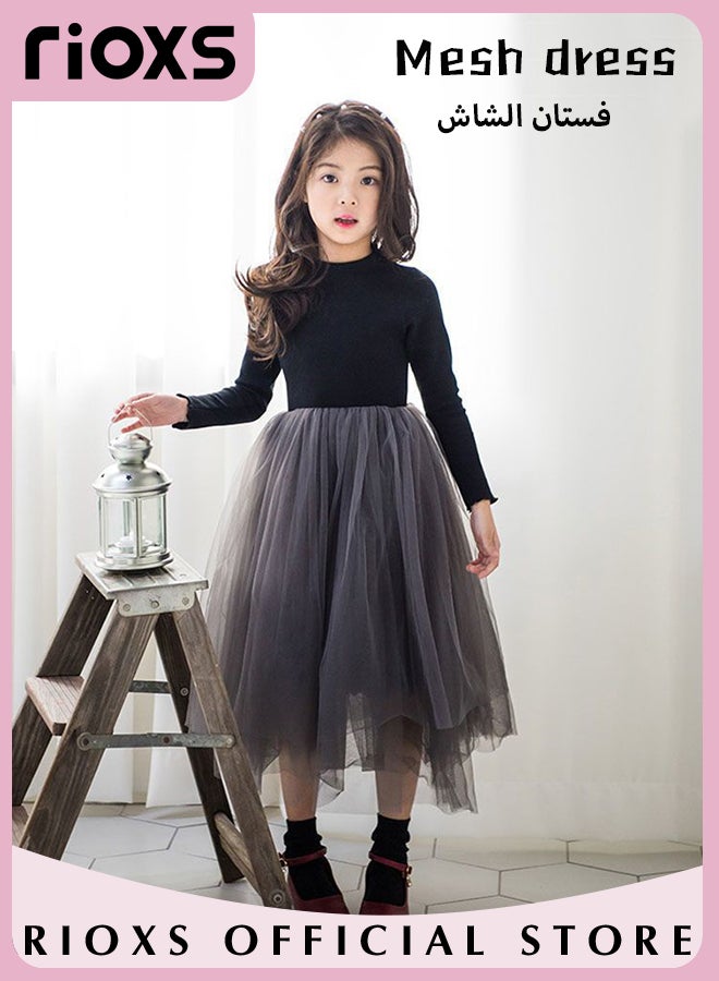 Girls A-line Tutu Dress, Round Neck Long Sleeve Slim Dress, Elegant Princess Dress with Mesh Hem, Perfect for Both Daily Wear and Party Events