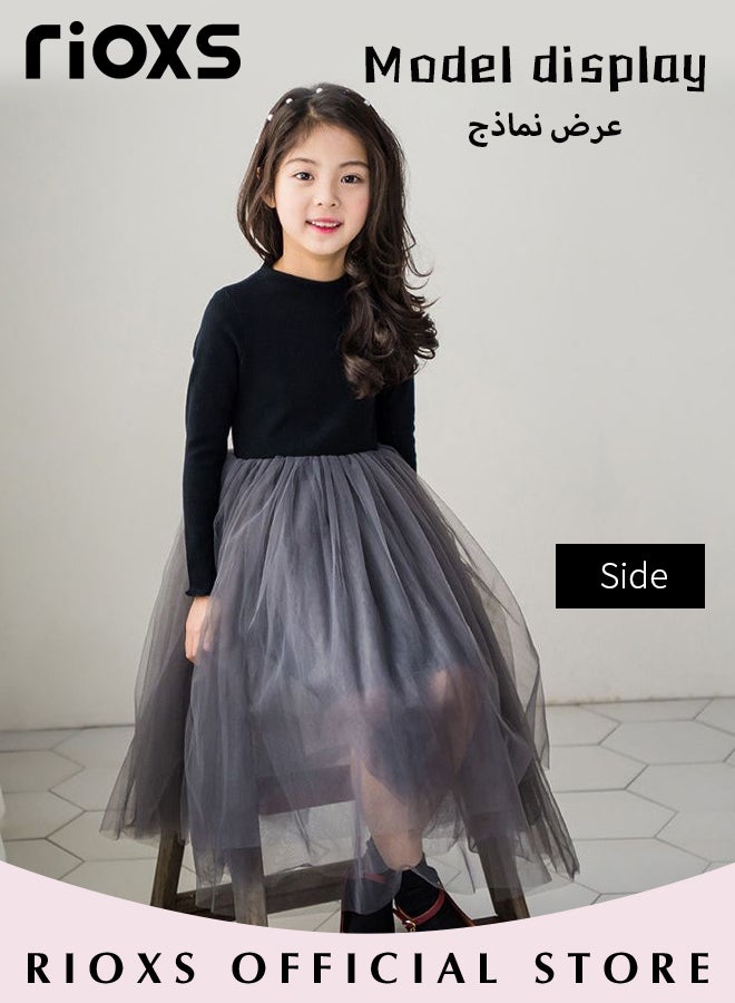 Girls A-line Tutu Dress, Round Neck Long Sleeve Slim Dress, Elegant Princess Dress with Mesh Hem, Perfect for Both Daily Wear and Party Events