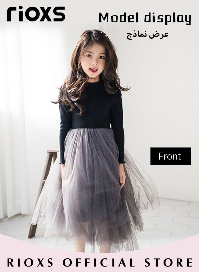 Girls A-line Tutu Dress, Round Neck Long Sleeve Slim Dress, Elegant Princess Dress with Mesh Hem, Perfect for Both Daily Wear and Party Events