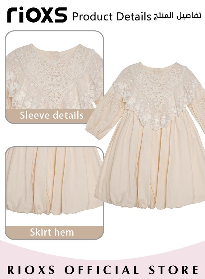 Girls Cotton A-line Dress with Removable Lace Shawl, Exquisite Round Neck Dress with Buttons Closure on the Back, Cute Princess Dress, Perfect for Both Daily Wear and Party Events