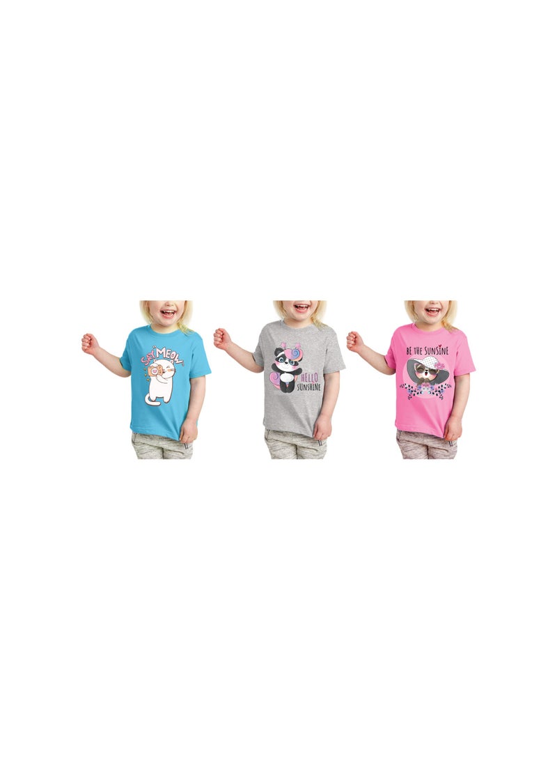 Kids Multi Color Combo Printed Design T-shirt For Girls - Fashionable Short Sleeve T-Shirt - Casual Daily Shirt For Kids - Assorted Colors