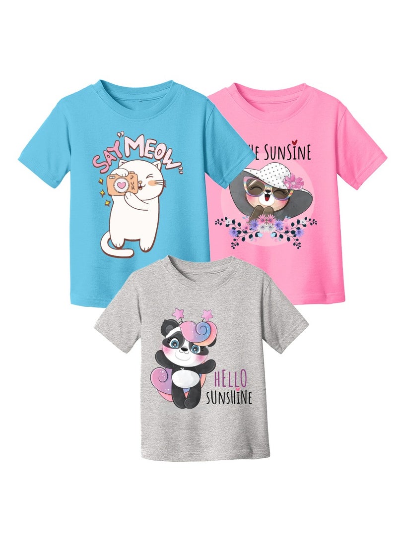 Kids Multi Color Combo Printed Design T-shirt For Girls - Fashionable Short Sleeve T-Shirt - Casual Daily Shirt For Kids - Assorted Colors