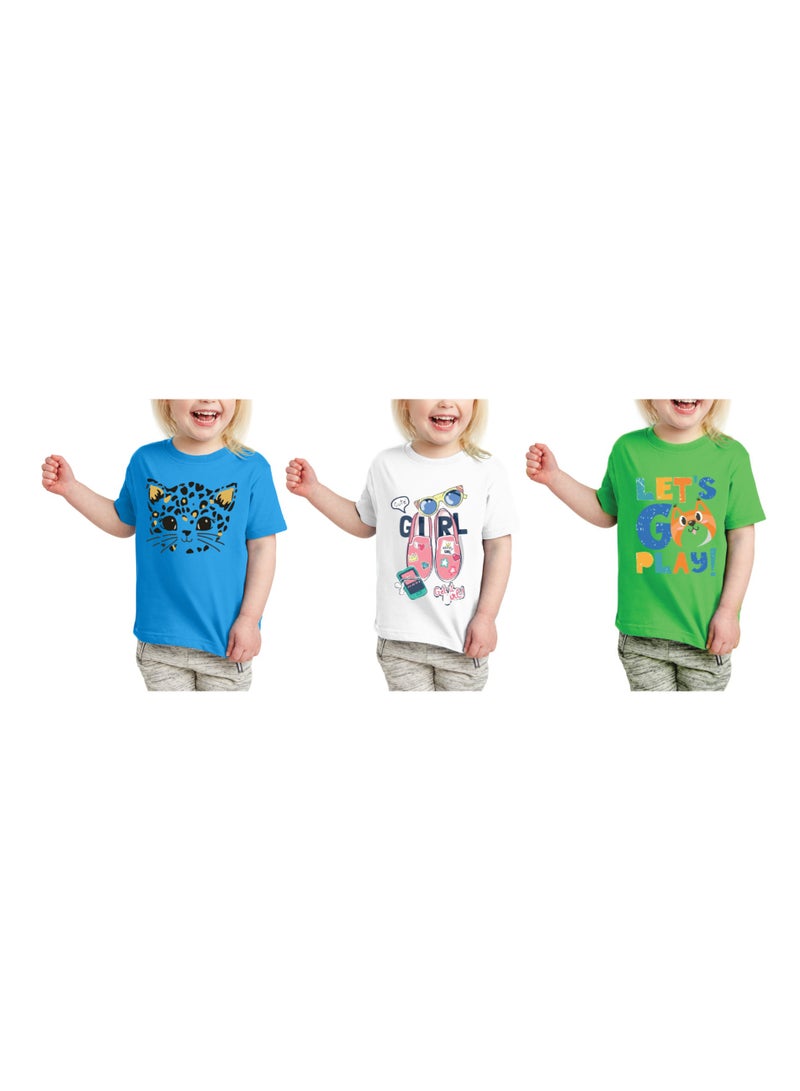 Kids Multi Color Combo Printed Design T-shirt For Girls - Fashionable Short Sleeve T-Shirt - Casual Daily Shirt For Kids - Assorted Colors