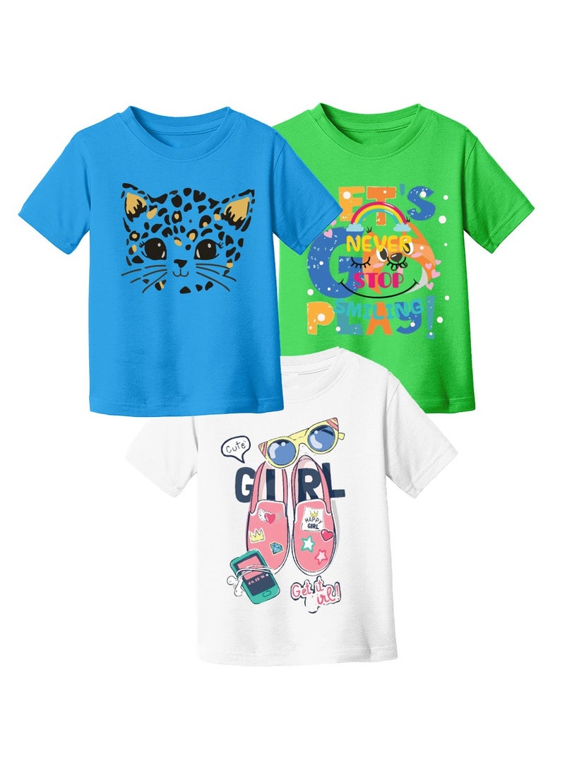 Kids Multi Color Combo Printed Design T-shirt For Girls - Fashionable Short Sleeve T-Shirt - Casual Daily Shirt For Kids - Assorted Colors