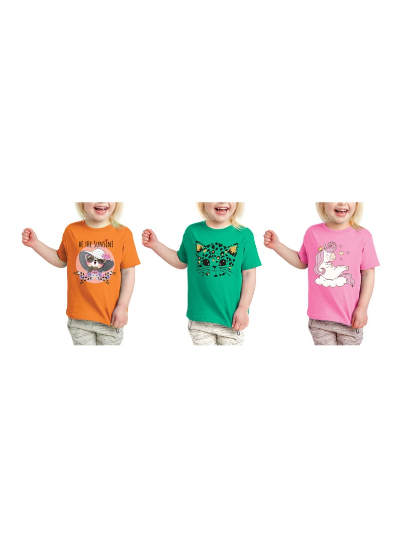 Kids Multi Colour Combo Printed Design T-shirt For Girls-Fashionable Short Sleeve T-Shirt Casual Daily Shirt For Kids-Assorted Colors