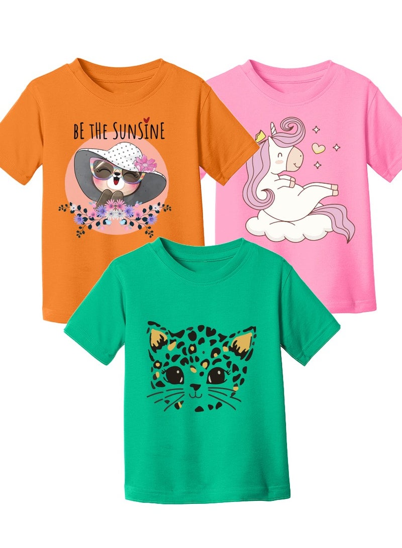 Kids Multi Colour Combo Printed Design T-shirt For Girls-Fashionable Short Sleeve T-Shirt Casual Daily Shirt For Kids-Assorted Colors