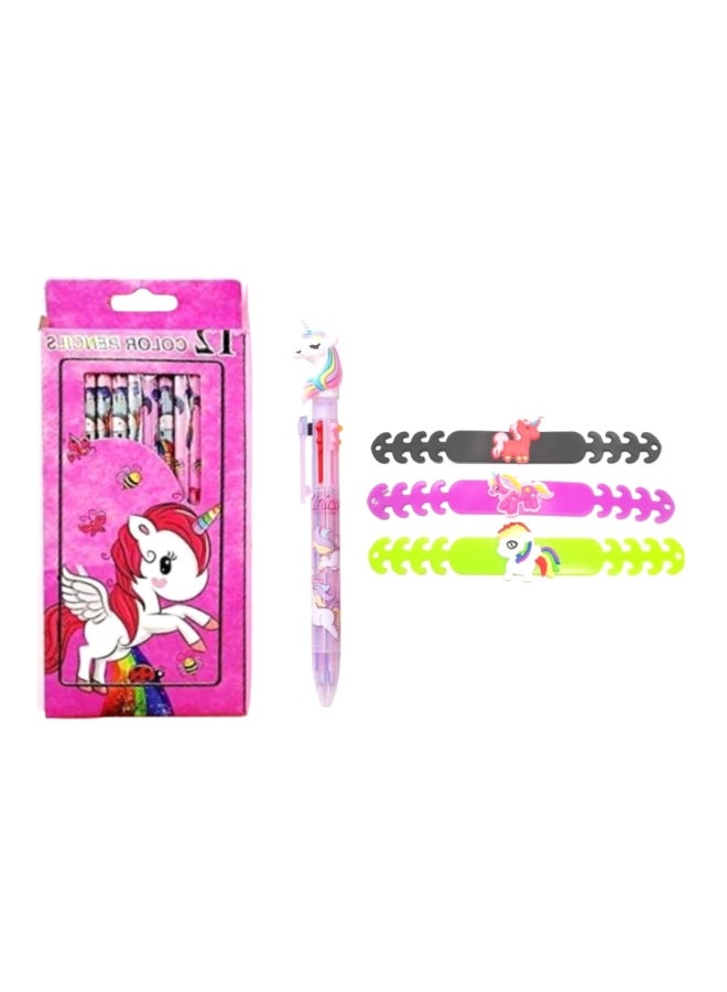 Girls Kids set of unicorn multi color pen, colours colors and cup plate mug and 3 mask holders multicolour