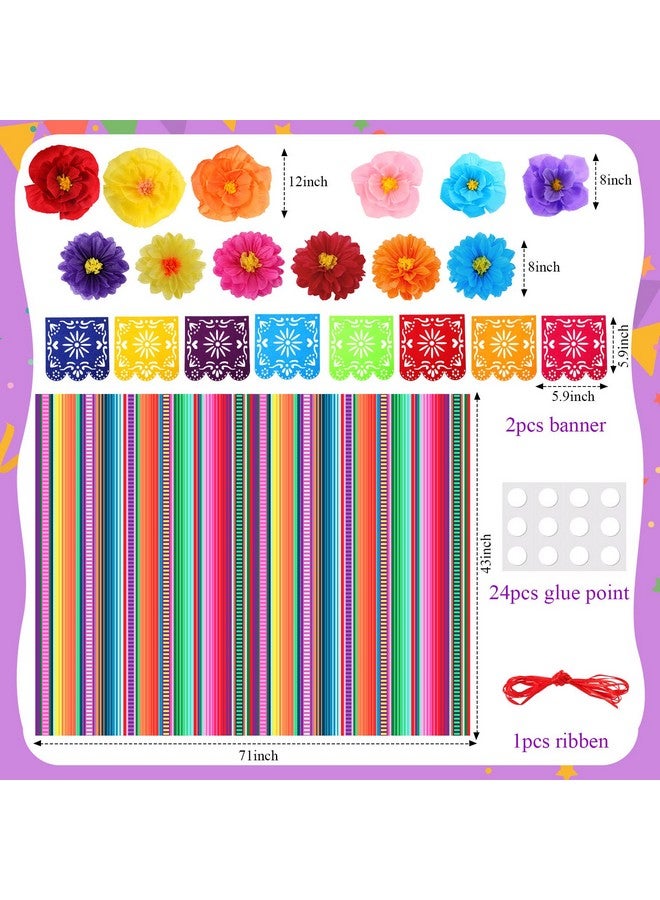 15 Pieces Mexican Paper Flowers Decorations 71 X 43 Inch Mexican Fiesta Color Stripes Backdrop And Papel Picado Banner Mexican Party Decorations For Wedding Taco Party Birthday (Fresh Stripe)