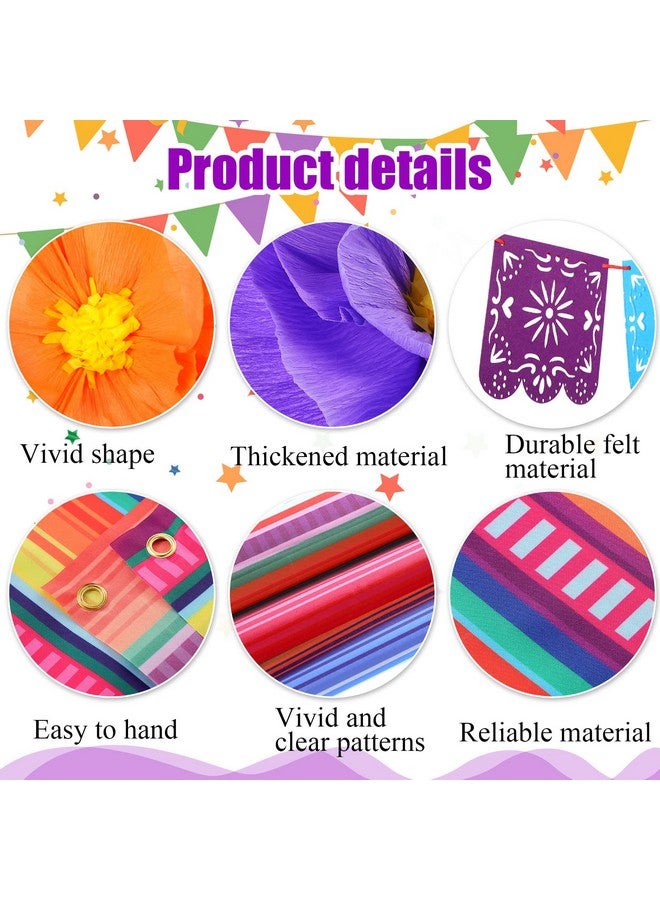 15 Pieces Mexican Paper Flowers Decorations 71 X 43 Inch Mexican Fiesta Color Stripes Backdrop And Papel Picado Banner Mexican Party Decorations For Wedding Taco Party Birthday (Fresh Stripe)