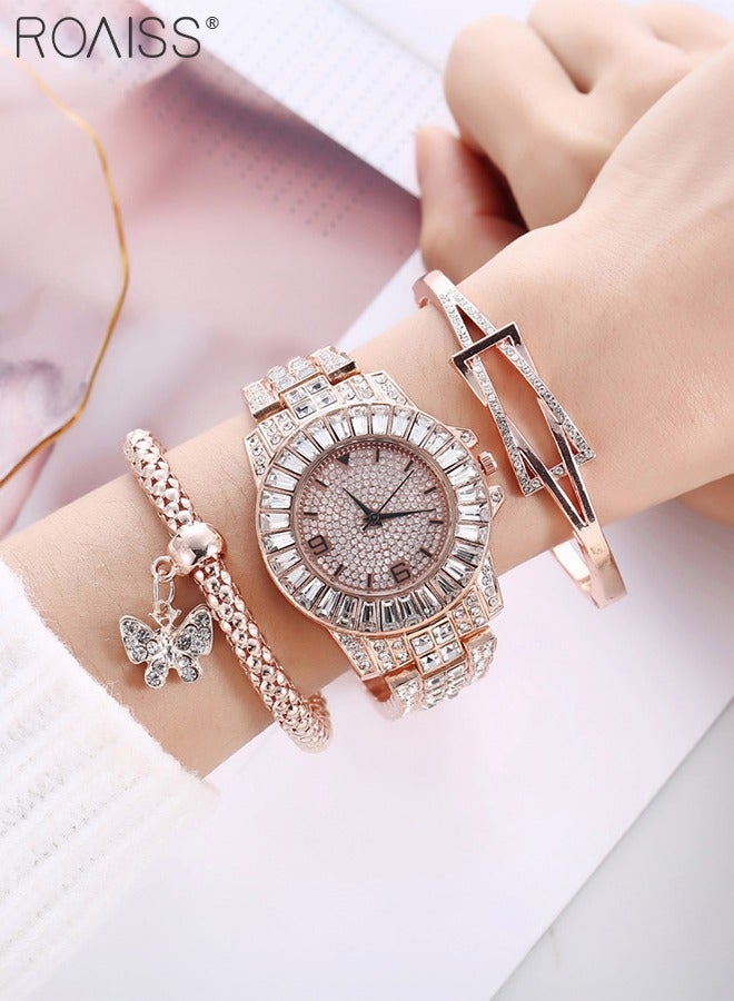 3PCS Women's Steel Strap Bracelet Watch Set, Analog Display Round Dial Quartz Watch with Bracelets and Rhinestones Decoration, Luxurious Watch as Gift for Women, Rose Gold