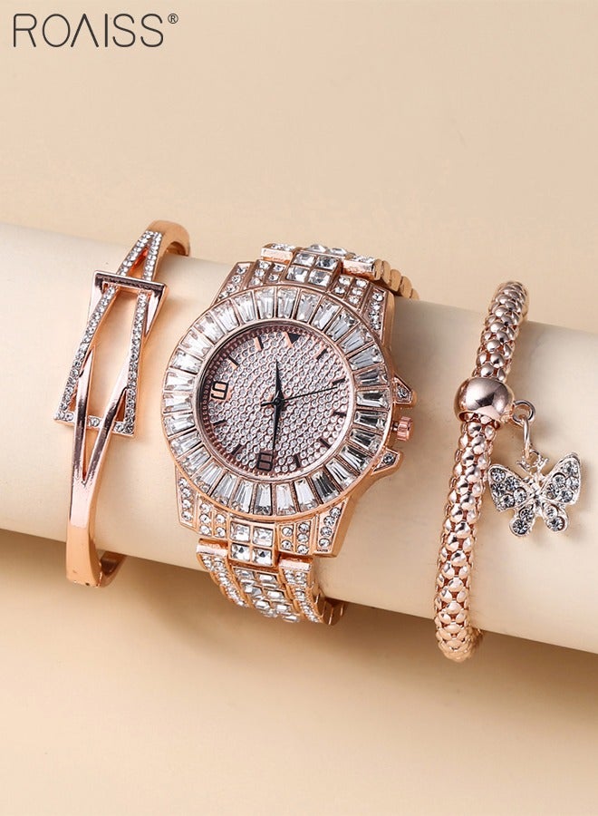 3PCS Women's Steel Strap Bracelet Watch Set, Analog Display Round Dial Quartz Watch with Bracelets and Rhinestones Decoration, Luxurious Watch as Gift for Women, Rose Gold