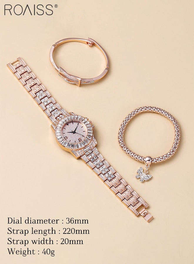 3PCS Women's Steel Strap Bracelet Watch Set, Analog Display Round Dial Quartz Watch with Bracelets and Rhinestones Decoration, Luxurious Watch as Gift for Women, Rose Gold