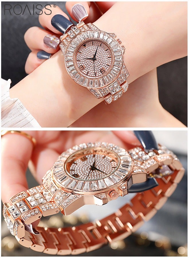 3PCS Women's Steel Strap Bracelet Watch Set, Analog Display Round Dial Quartz Watch with Bracelets and Rhinestones Decoration, Luxurious Watch as Gift for Women, Rose Gold