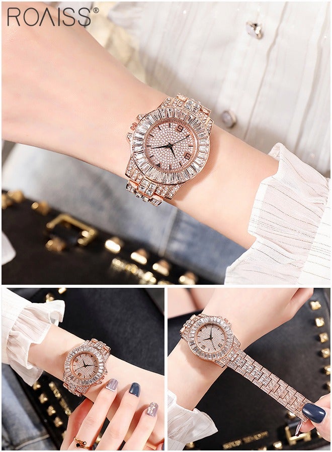 3PCS Women's Steel Strap Bracelet Watch Set, Analog Display Round Dial Quartz Watch with Bracelets and Rhinestones Decoration, Luxurious Watch as Gift for Women, Rose Gold