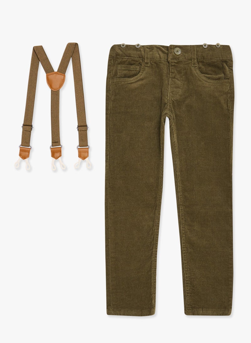 Boys Suspenders Detailed Corduroy Pants Olive