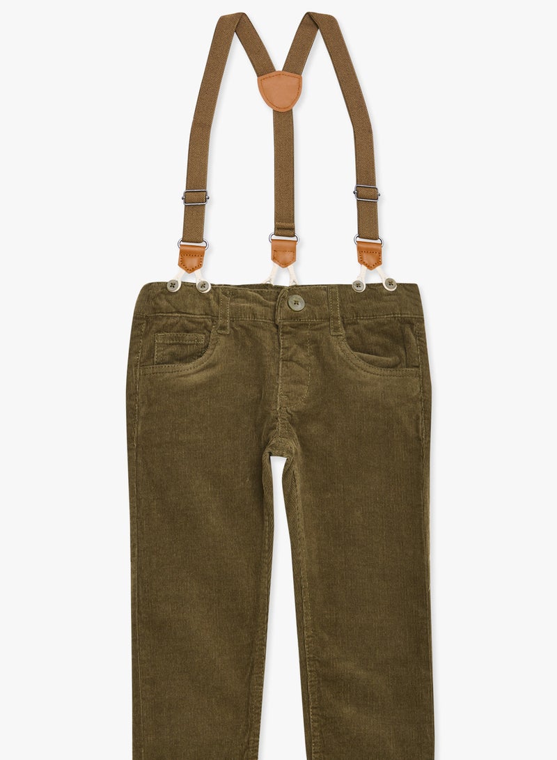 Boys Suspenders Detailed Corduroy Pants Olive