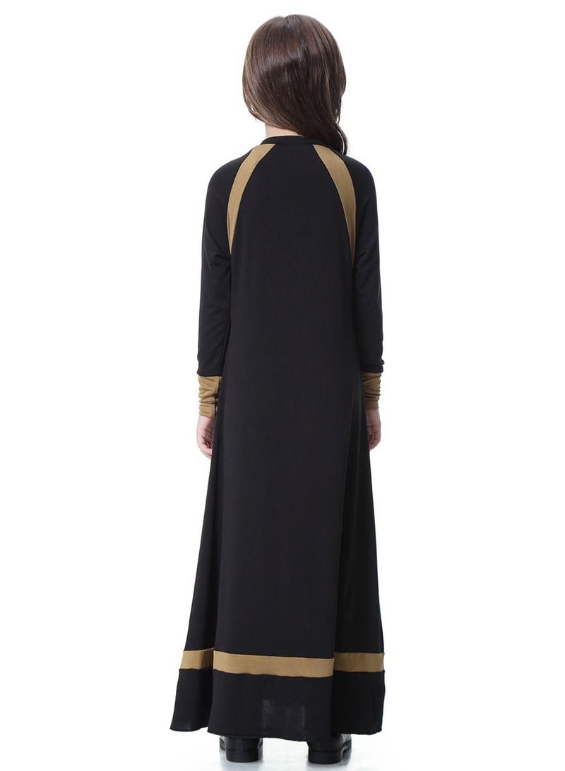 Girls Round Neck Maxi Dress With Long Sleeves Black/Brown