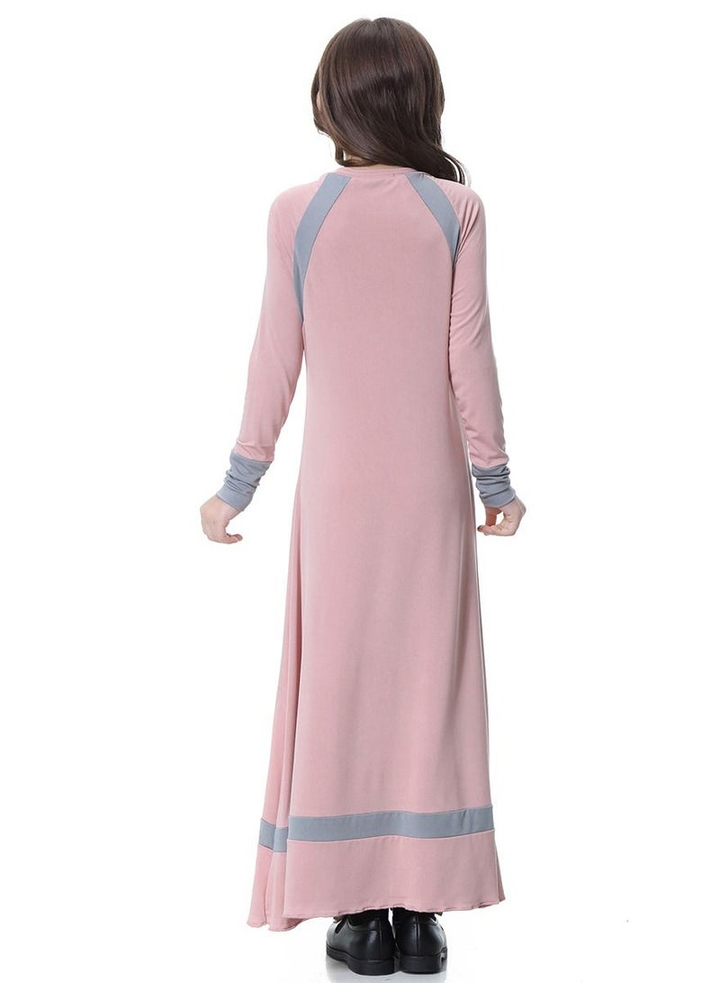 Girls Round Neck Maxi Dress With Long Sleeves Pink/Grey