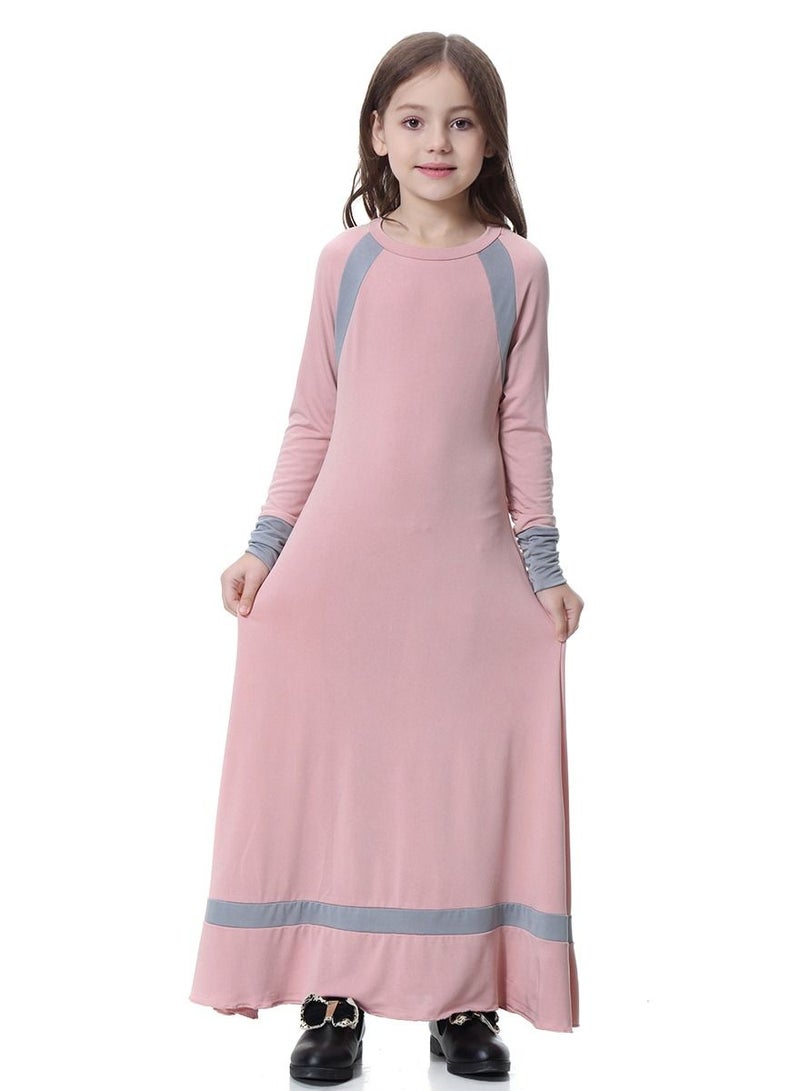 Girls Round Neck Maxi Dress With Long Sleeves Pink/Grey