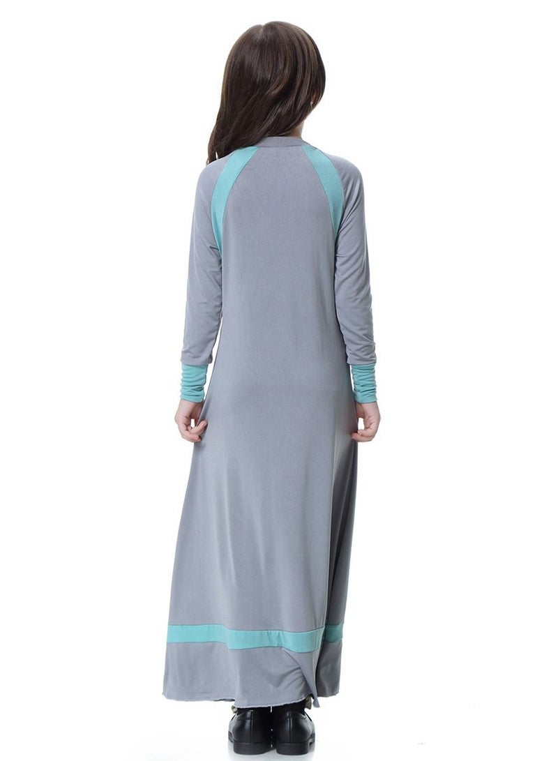 Girls Round Neck Maxi Dress With Long Sleeves Grey/Blue