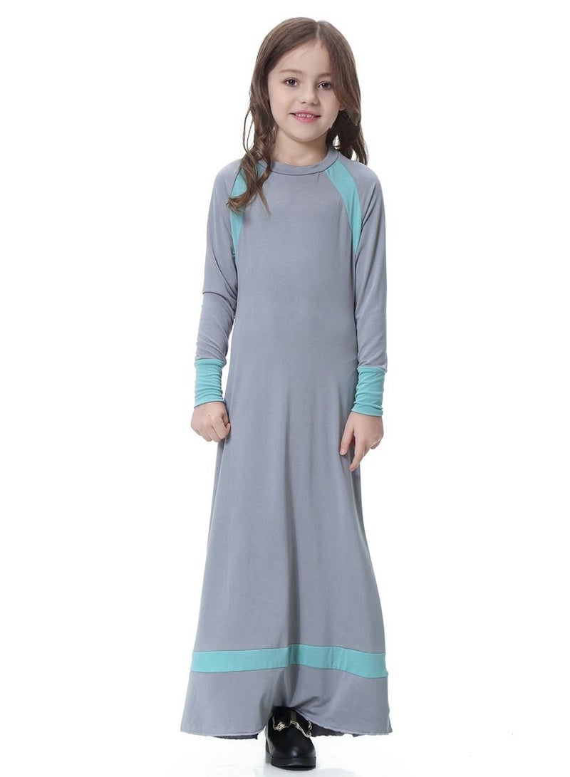 Girls Round Neck Maxi Dress With Long Sleeves Grey/Blue