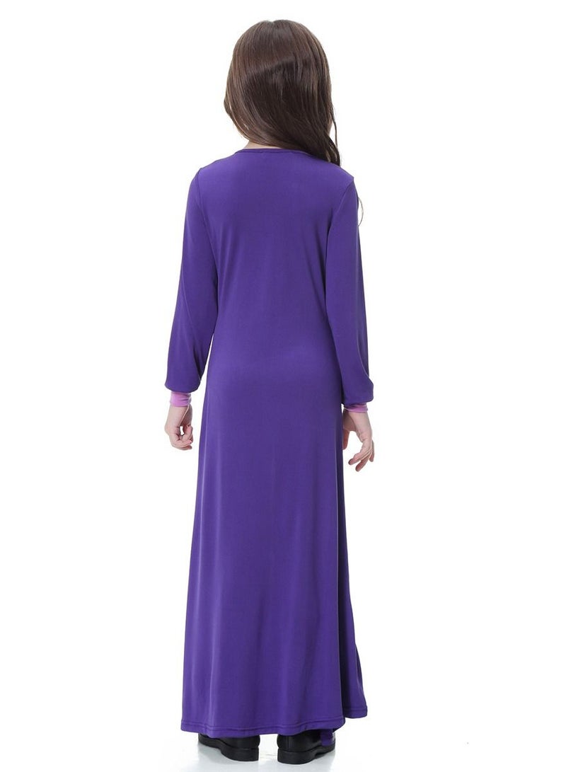 Girl's Round Neck Maxi Dress Robe With Long Sleeves Purple