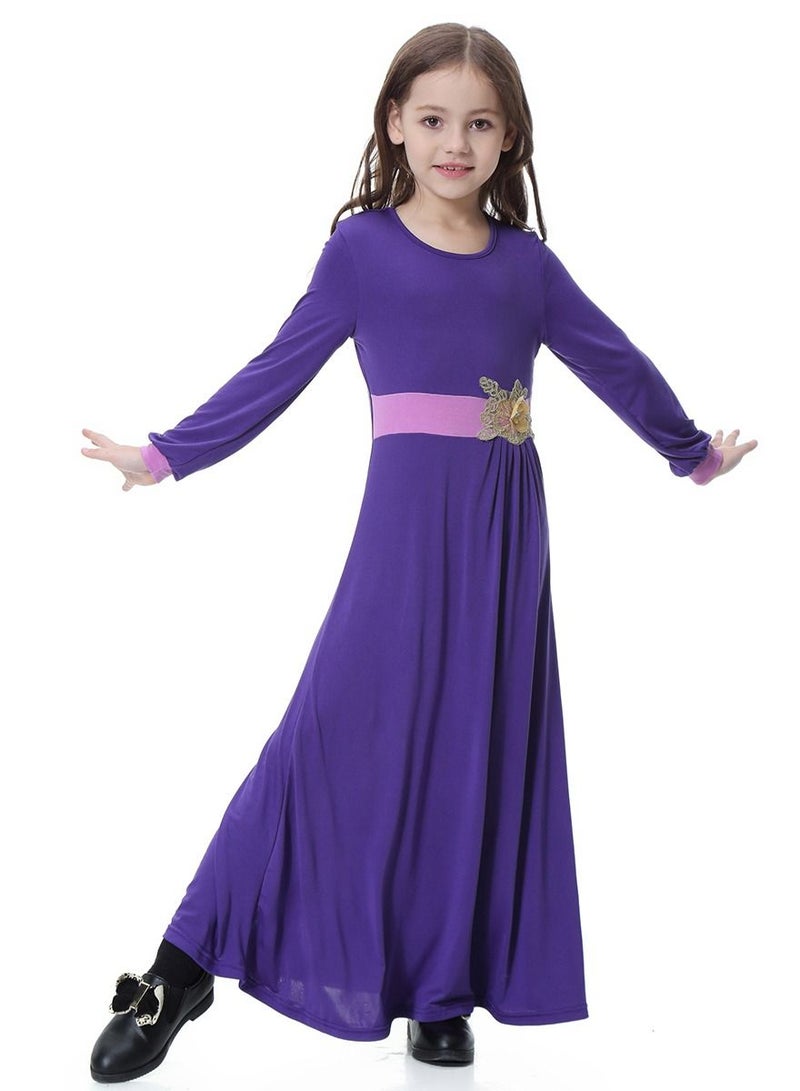 Girl's Round Neck Maxi Dress Robe With Long Sleeves Purple