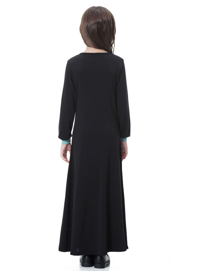 Girl's Round Neck Maxi Dress Robe With Long Sleeves Black