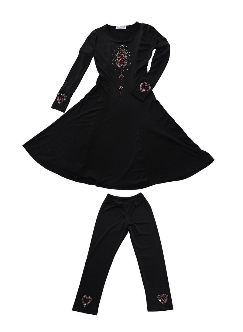 Girl's Traditional Solid Color 2-Piece Long Sleeve Dress With Pants Black