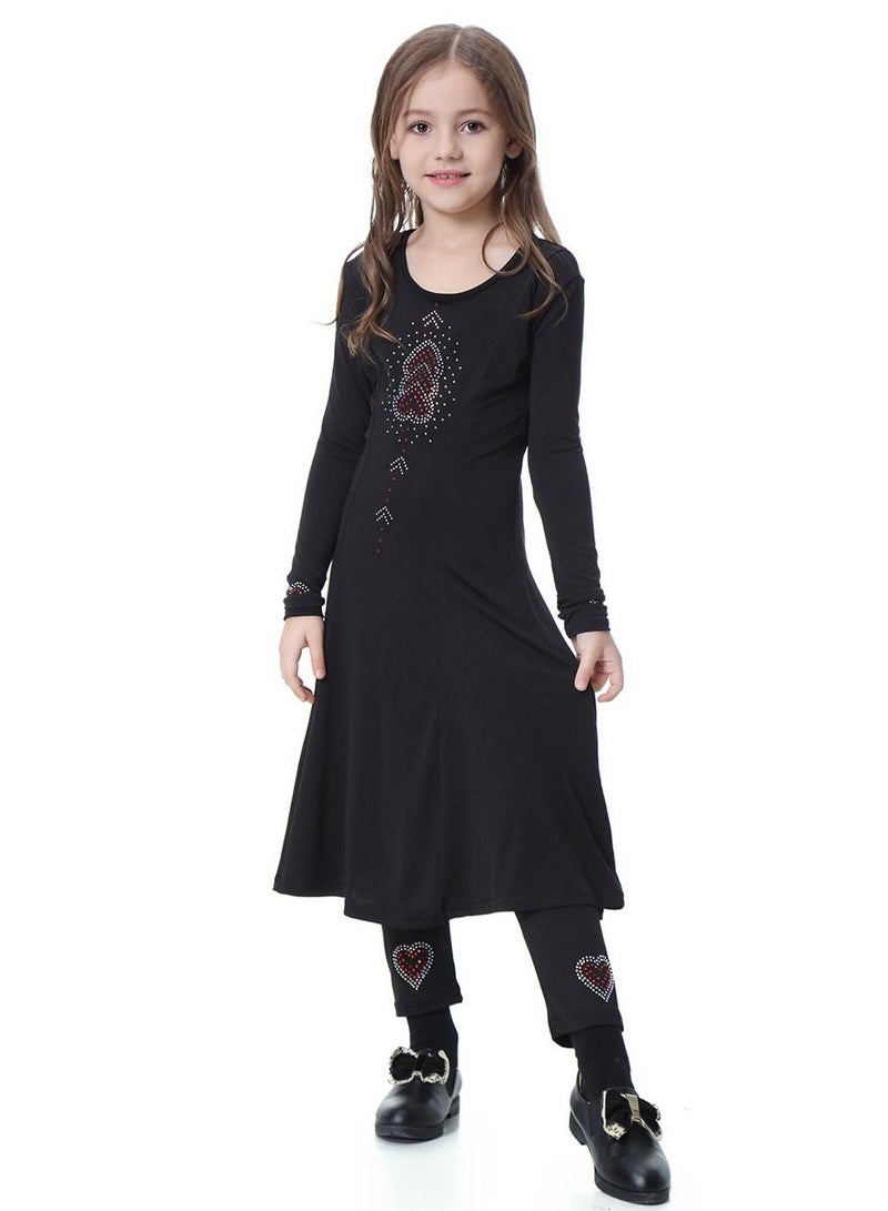 Girl's Traditional Solid Color 2-Piece Long Sleeve Dress With Pants Black