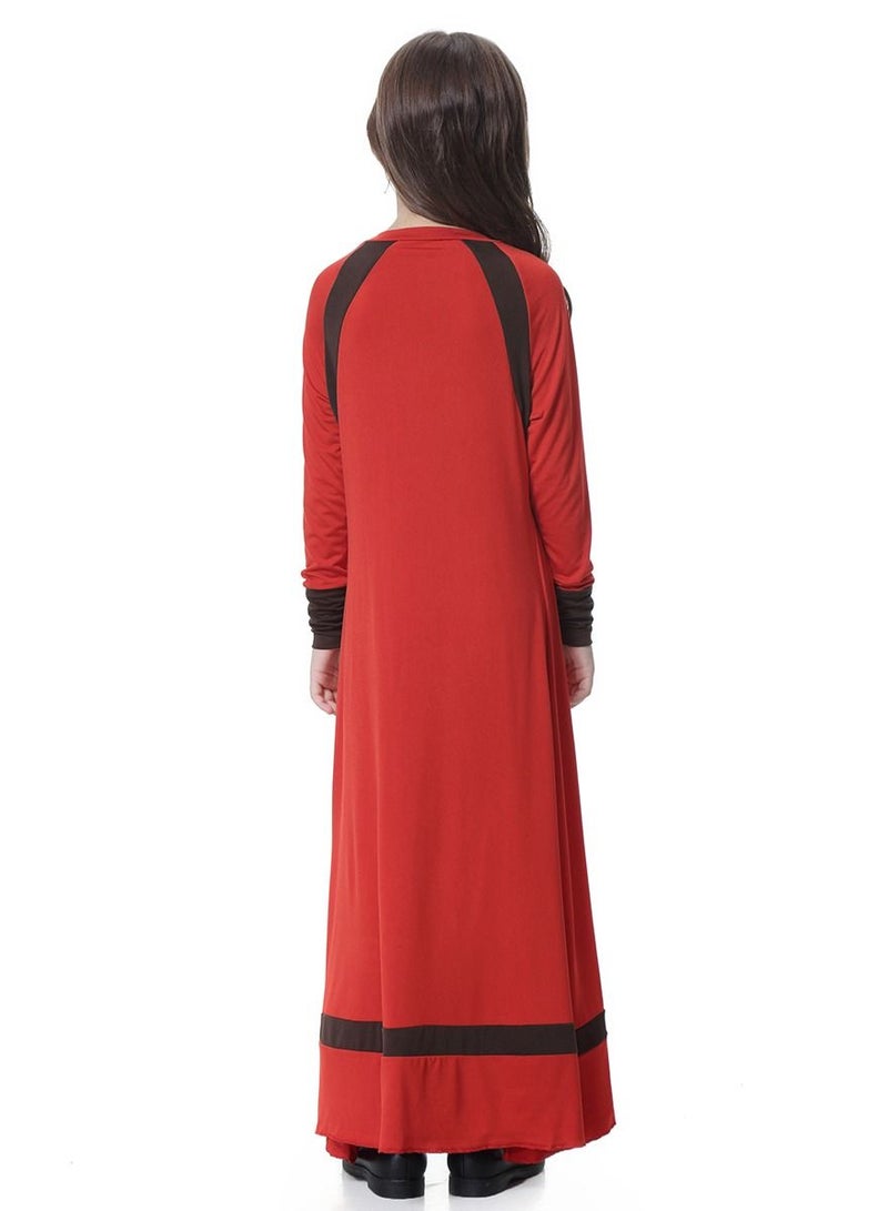 Girls Round Neck Maxi Dress With Long Sleeves Red/Black