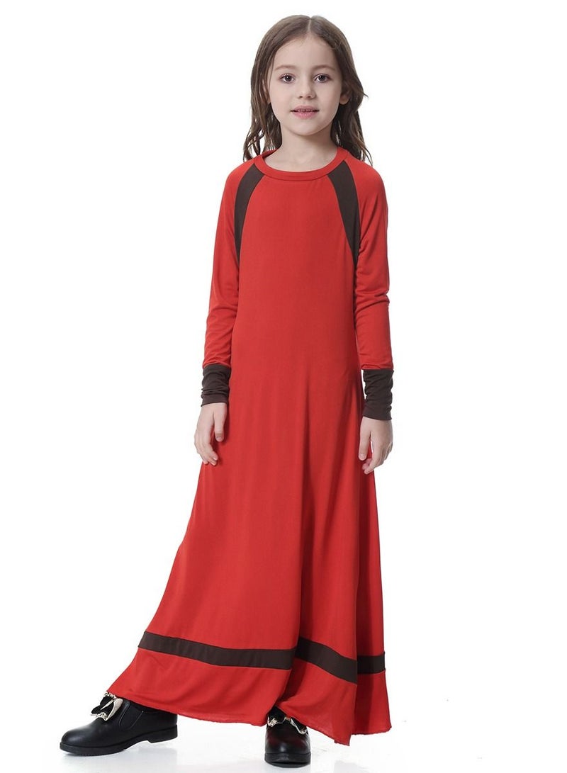 Girls Round Neck Maxi Dress With Long Sleeves Red/Black