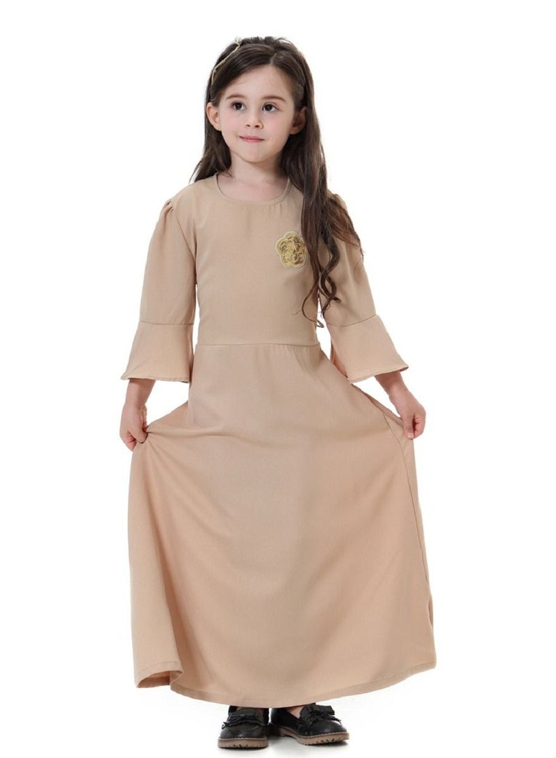 Girls Decal Dress Long Dress With Flared Sleeves Khaki