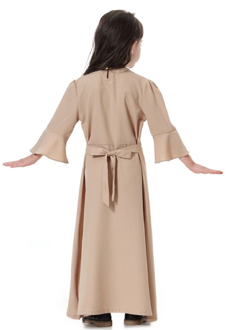 Girls Decal Dress Long Dress With Flared Sleeves Khaki