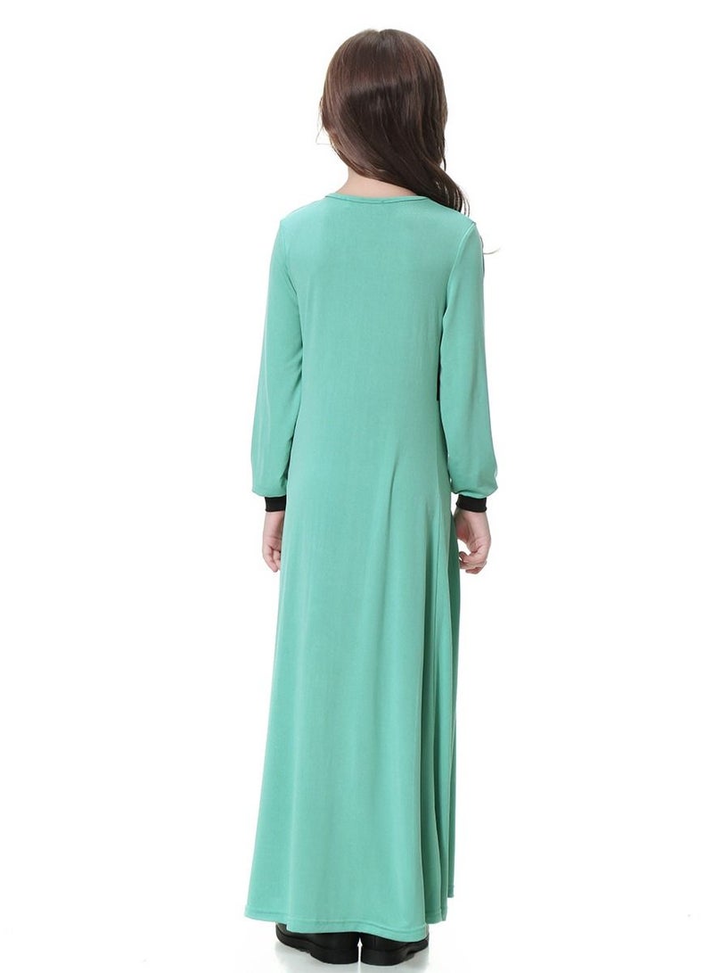 Girl's Round Neck Maxi Dress Robe With Long Sleeves Light Green