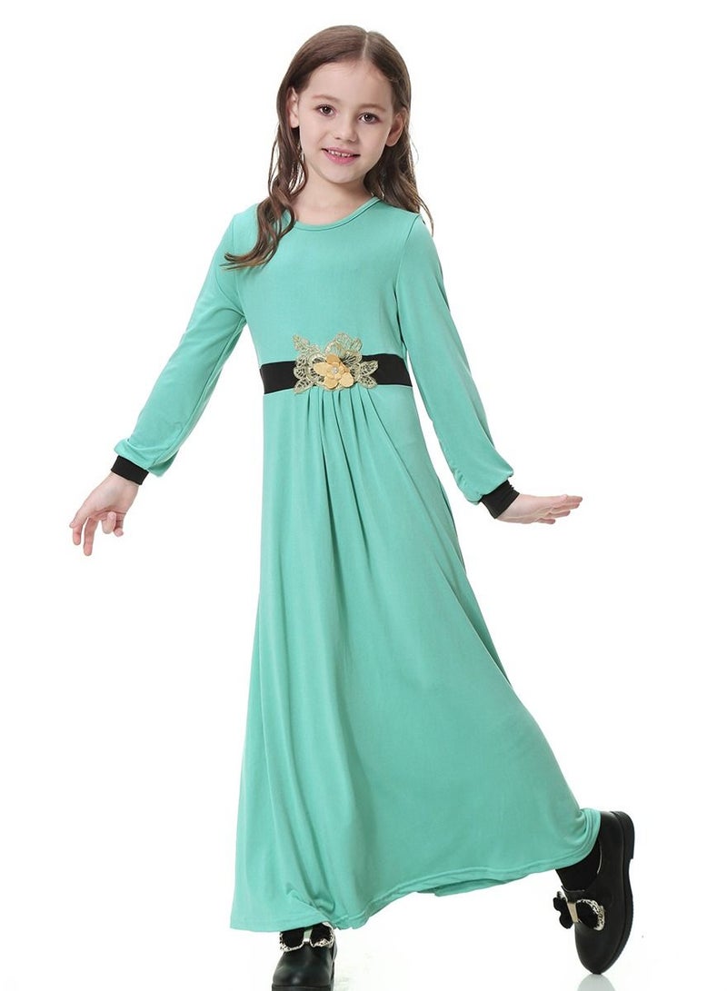 Girl's Round Neck Maxi Dress Robe With Long Sleeves Light Green