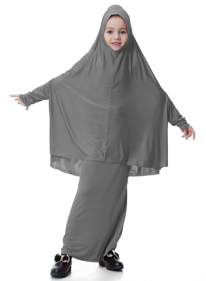 Girl's Traditional 2-Piece Set Solid Color Abaya Robe And Skirt Suit Grey