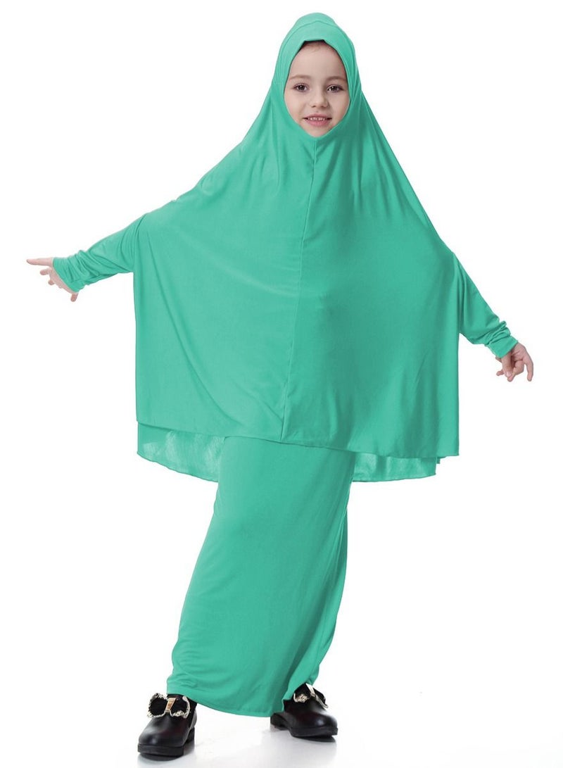 Girl's Traditional 2-Piece Set Solid Color Abaya Robe And Skirt Suit Light Green