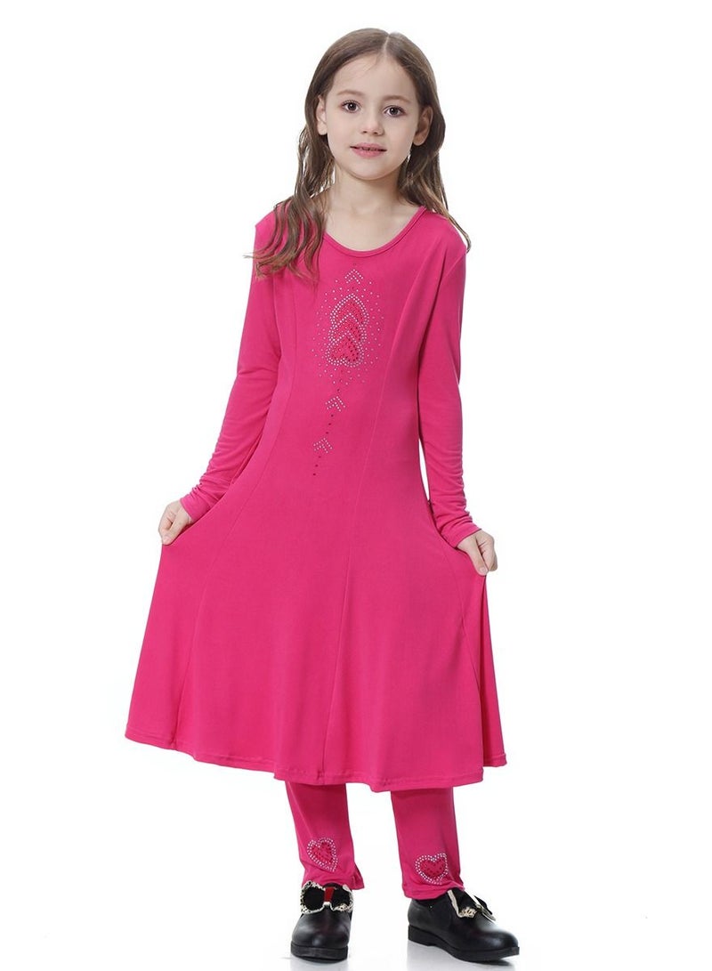 Girl's Traditional Solid Color 2-Piece Long Sleeve Dress With Pants Rose Pink