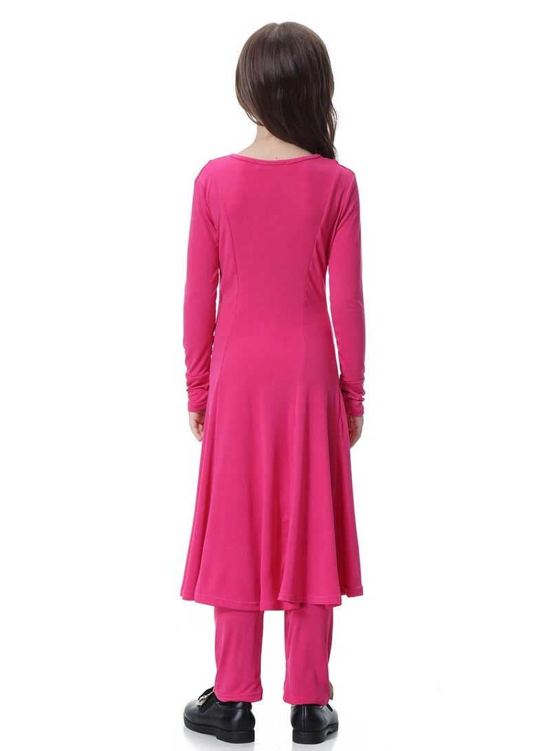 Girl's Traditional Solid Color 2-Piece Long Sleeve Dress With Pants Rose Pink