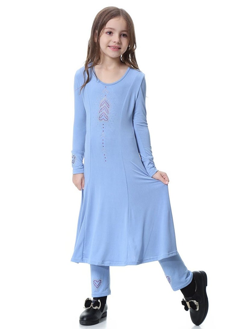 Girl's Traditional Solid Color 2-Piece Long Sleeve Dress With Pants Sky Blue