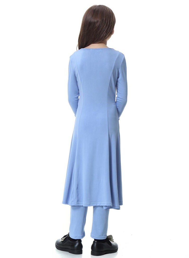 Girl's Traditional Solid Color 2-Piece Long Sleeve Dress With Pants Sky Blue