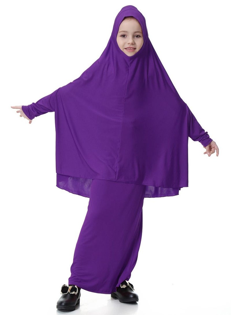 Girl's Traditional 2-Piece Set Solid Color Abaya Robe And Skirt Suit Dark Purple