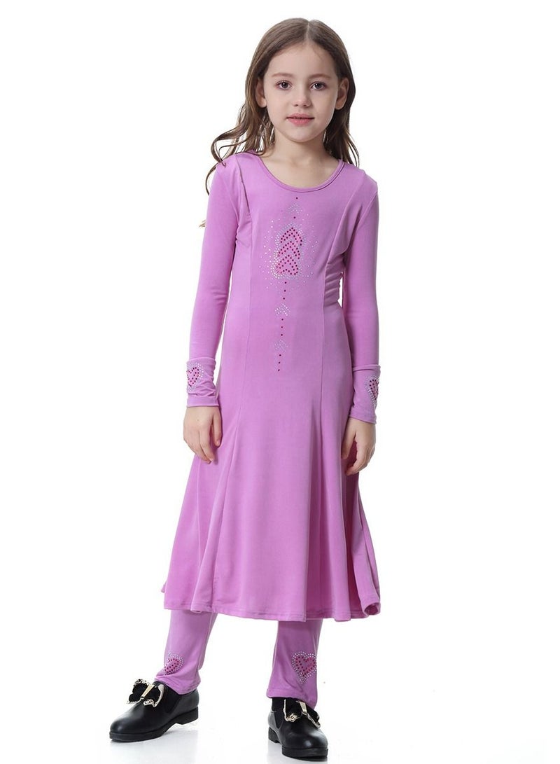 Girl's Traditional Solid Color 2-Piece Long Sleeve Dress With Pants Light Purple