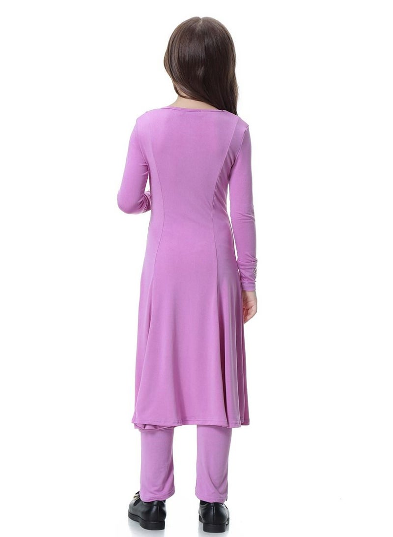 Girl's Traditional Solid Color 2-Piece Long Sleeve Dress With Pants Light Purple