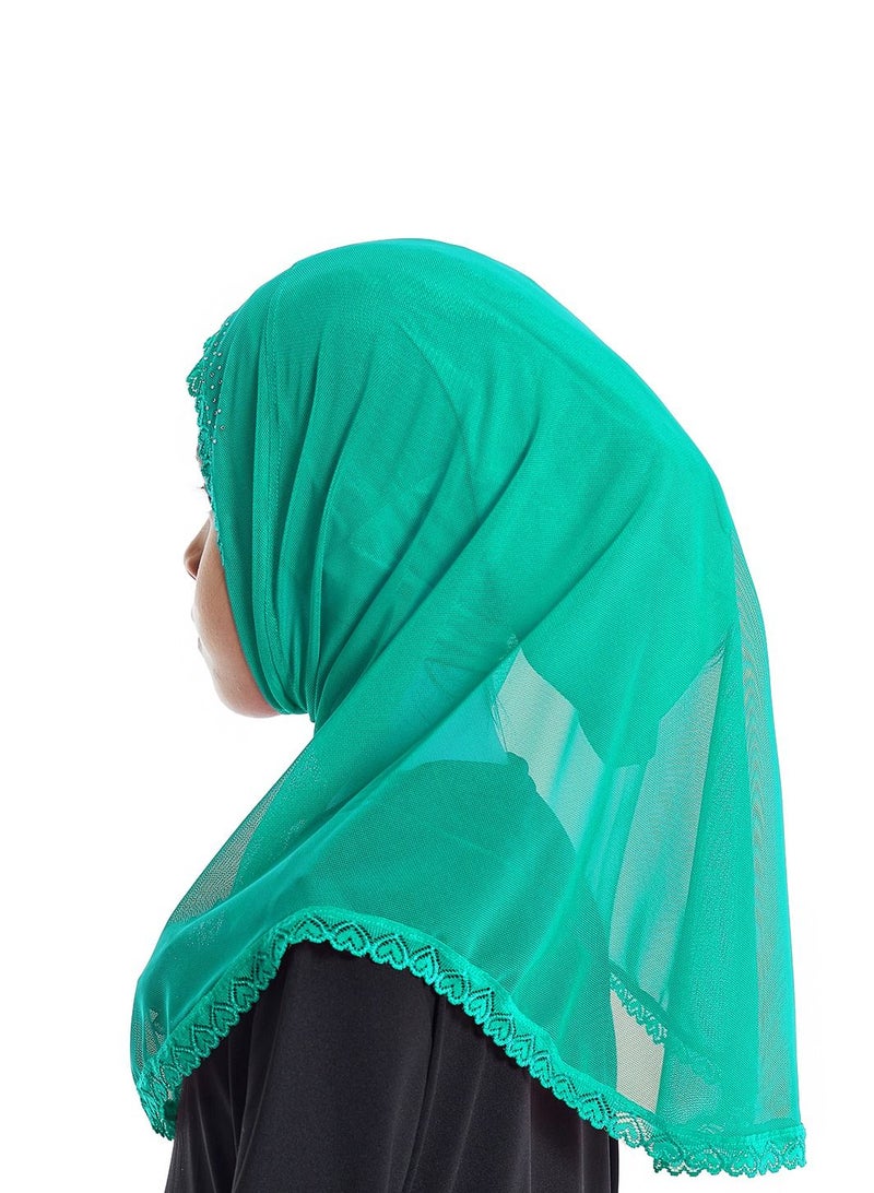 Girl's Stretch Long Scarf Solid Color Lace Hijab Green