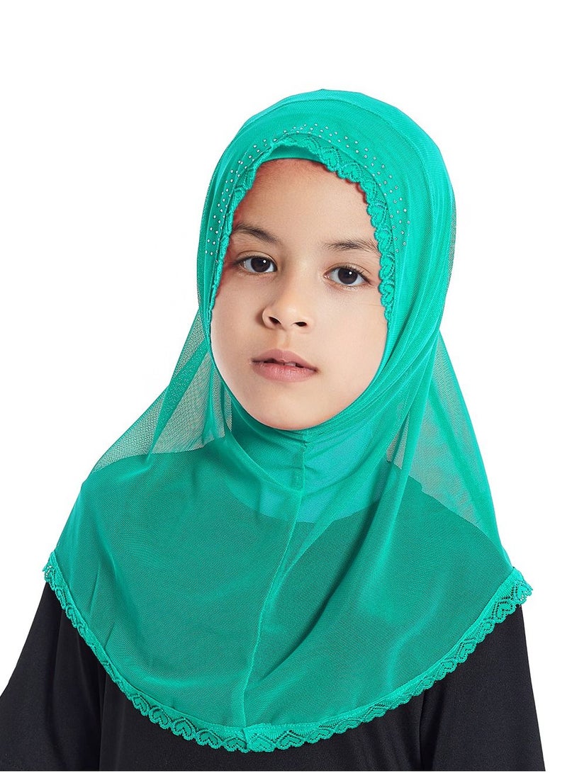 Girl's Stretch Long Scarf Solid Color Lace Hijab Green