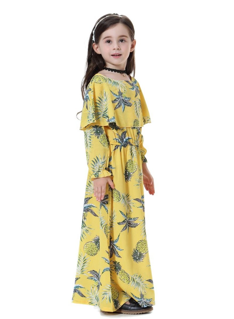 Girl's Printed Maxi Dress With Long Sleeve Yellow Mix